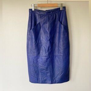 Vintage cobalt blue leather high waist midi pencil skirt with pockets